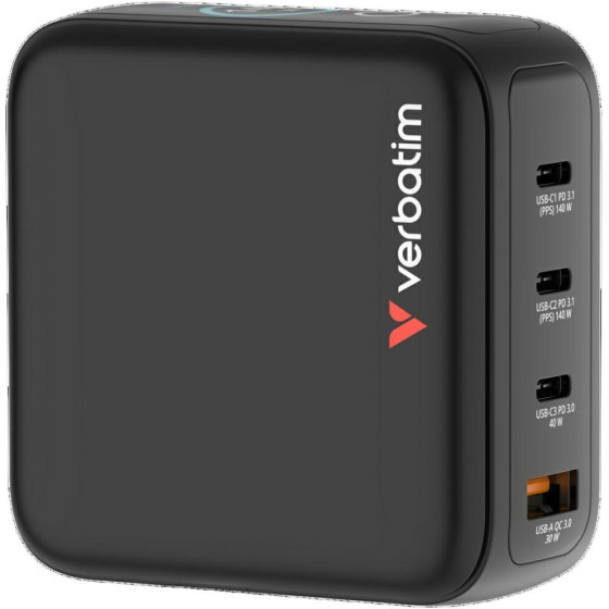 Verbatim Mini Gan Mains Charger 140W 3xUSB-C PD/1x USB-A Qc EU/UK/Usa Adapter Black - (30240)