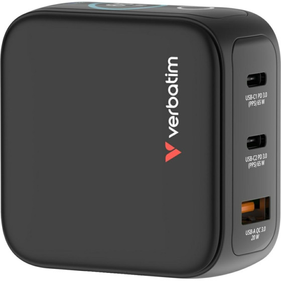 Verbatim Mini Gan Mains Charger 65W 2xUSB-C PD/1x USB-A Qc EU/UK/Usa Adapter Black - (30238)