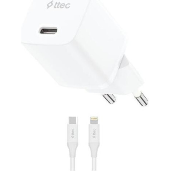ttec SmartCharger GAN 20W PD Travel Fast Charger + USB-C - Lightning Cable 150cm White - (2SCG20LB)