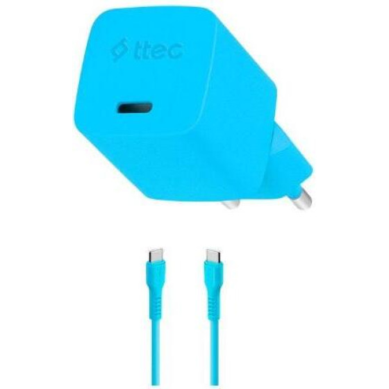 ttec SmartCharger GAN 20W PD Travel Fast Charger + USB-C - USB-C 3A Cable 120cm Neon Blue - (2SCG20CNM)