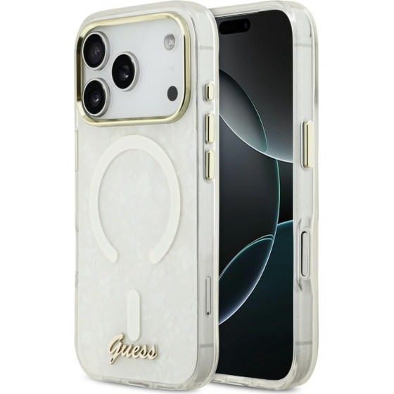 Guess Iml Shell Script Metal Magsafe Case For Iphone 17 Pro Max - White - (GUE005289-0)