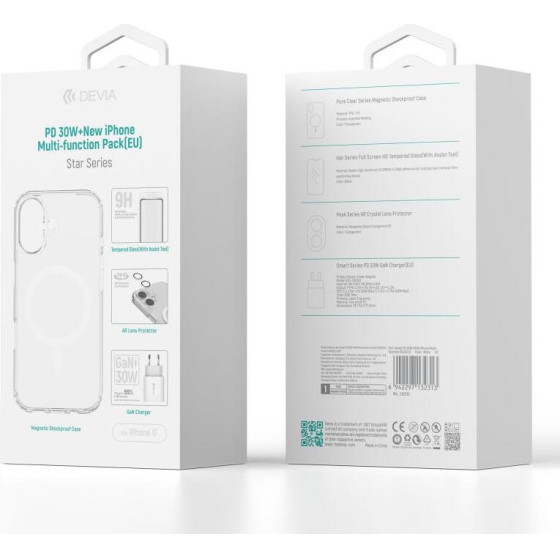 Devia ��������� �������� ������� �������� �� ����� Usb C Pd 30W �� ���� Shockproof & Tempered Glass & Camera Cover Apple Iphone 17 Star Pack ����� - (132313)
