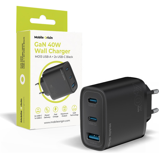 Mobile Origin Gan 40W Wall Charger MO13, Black 1 USB-A + 2 USB-C - (FRL-GAN40W-MO13-BLK)