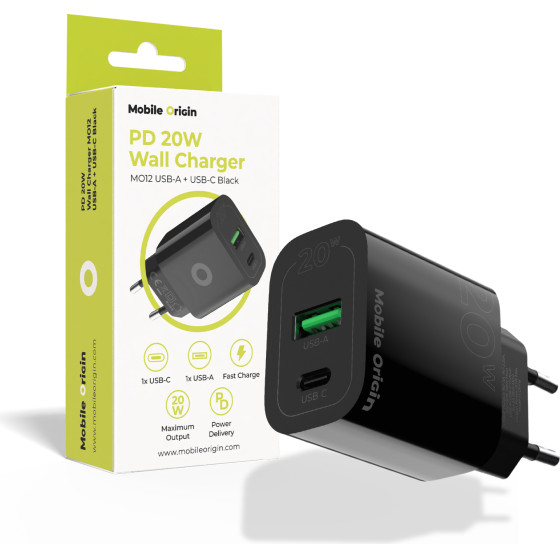 Mobile Origin PD20W Wall Charger MO12, Black 1 USB-A + 1 USB-C - (FRL-PD20W-MO12-BLK)