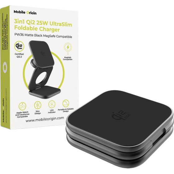 Mobile Origin 3in1 Qi2 25W Ultraslim Foldable Charger PW36 Magsafe Compatible Matte Black - (MO-USF-PW36-BLK)