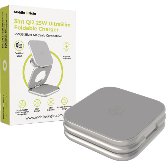 Mobile Origin 3in1 Qi2 25W Ultraslim Foldable Charger PW36 Magsafe Compatible Silver - (MO-USF-PW36-SLV)