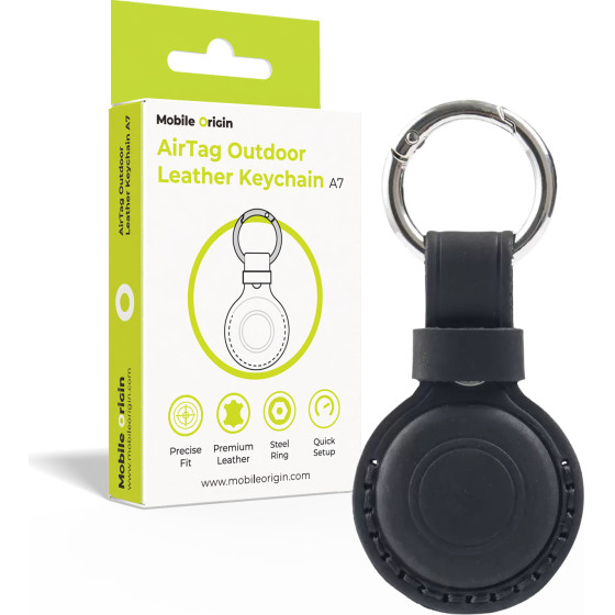 Mobile Origin Airtag Outdoor Leather Keychain A7, Black - (MO-AOLK-BLK)
