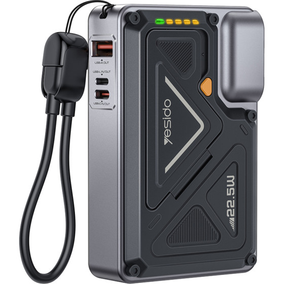 Yesido - Power Bank - Magnetic, Fast Charge, USB, Lightning, Type-C, Built-In Stand, Led Lights, 10000mAh, 22.5W - Grey - (YP89)