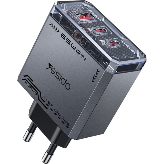 Yesido - Wall Charger - USB, 2x Type-C, GaN, Fast Charging, 65W, 5V/3A, CE, FCC, ROHS, Vo - Black - (YC101)