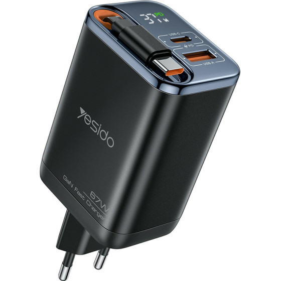 Yesido - Wall Charger - USB, Type-C, GaN, Fast Charging, Digital Display, 67W, Retractable Type-C Cable, 65cm - Black - (YC100)
