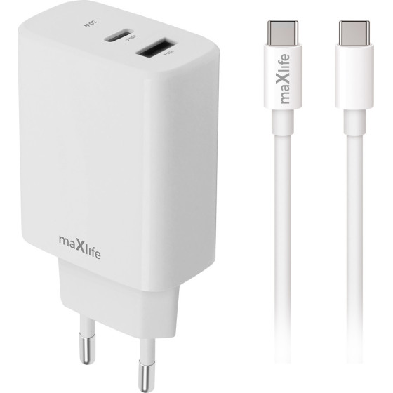 Maxlife MXTC-10-20AC Pd Qc Charger 1x USB-C 1x Usb 20W White + USB-C - USB-C Cable 20W