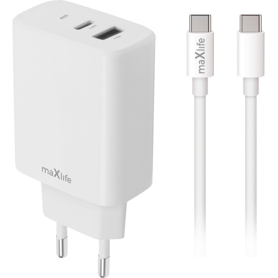 Maxlife MXTC-10-30AC Pd Qc Charger 1x USB-C 1x Usb 30W White + USB-C - USB-C Cable 60W