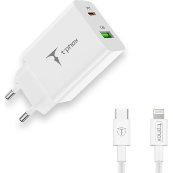T-Phox Wall Charger Speedy USB-C 20W/Usb 18W Pd Qc + Cable Lightning 1M WHITE