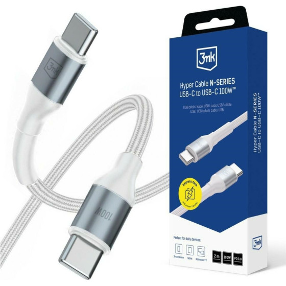 3MK Cable Hyper Cable N-Series USB-C To USB-C 2m Pd 3.0 Qc 3.0 20V/5A 100W White