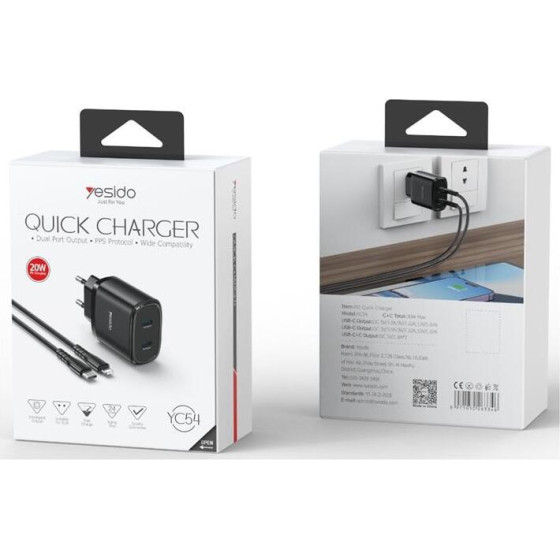 Yesido Wall Charger YC54 Pd 20W Qc 2xUSB-C + TYPE-C/Lightning Cable 27W 1M BLACK