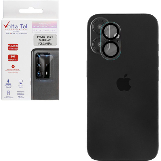 Volte-Tel Tempered Glass Iphone 16 6.1''/16 Plus 6.9'' 9H 0.25mm 3D Curved For Camera BLACK