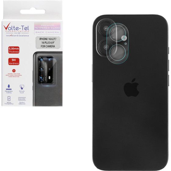 Volte-Tel Tempered Glass Iphone 16 6.1''/16 Plus 6.9'' 9H 0.25mm 3D Curved For Camera TRANSPARENT