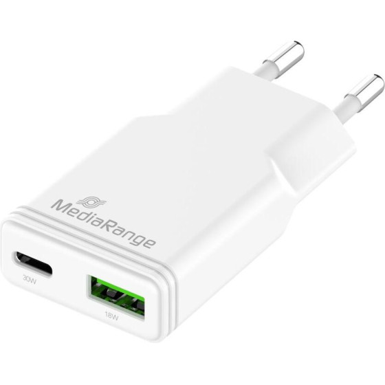 MediaRange 30W Gan Fast Charging Adapter (EU-Plug), 1x USB-C And 1x USB-A, USB-C(R) Power Delivery And Quick Charge enabled, White - (MRMA125)