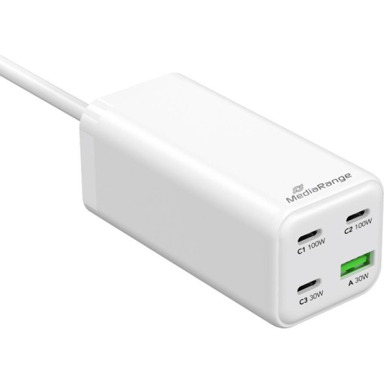 MediaRange 100W Gan Fast Charging Station, 1.5m Cable (EU-Plug), 3x USB-C And 1x USB-A, USB-C(R) Power Delivery And Quick Charge enabled, White - (MRMA124)