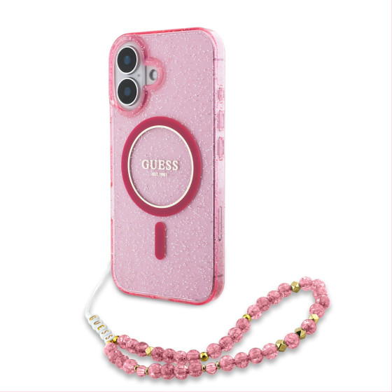 Guess Iml Glitter Strap Magsafe Case For Iphone 16 Plus Pink - (GUHMP16MHGCRELSF)