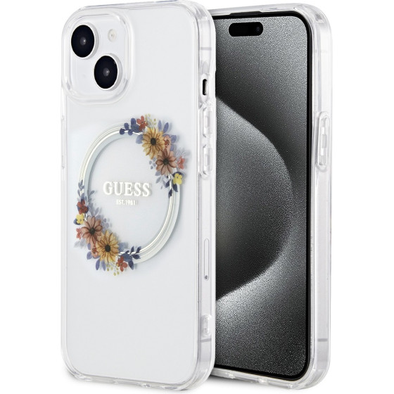 Guess PC/Tpu Flowers Ring Glossy Logo Magsafe Case For Iphone 15 Plus Transparent - (GUHMP15MHFWFCT)