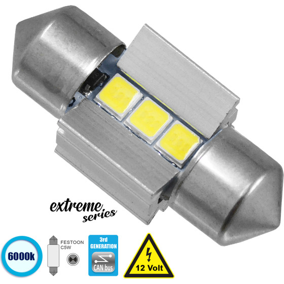 GloboStar C5W ����� ����������� 28mm Festoon 3rd Generation Can-Bus Extreme Series Led 3 Smd 3030 3W 450lm 120� Dc 12V IP20 ����� ����� 6000K - (81336)