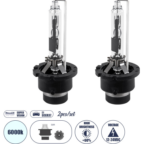 GloboStar Hid ����� Xenon D2R Super Vision ������ ������������ +60% Canbus E1 ECER37 55W/110W 5000lM����� ����� 6000K - �3.2 x �3.2 x �7.5cm - ������ 2 �������� - 2 ������ ������� - (84033)