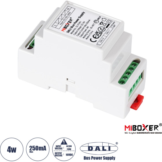 GloboStar MiBOXER-DL-POW1 Dc Dali Bus �����������/��������������� Selv ����� �� 2 x 125mA 2W ������� Ac 220-240V �� Dc 16V 250mA 4W Max IP20 - Dali Bus - �9 x �3.4 x �6cm - 5 ������ ������� - (71420)