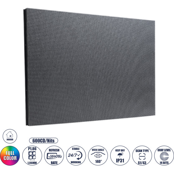 GloboStar Standwall Module ��� ������ Led Video Wall 32x16cm 172x86px P1.86 Led 35W 3840Hz 14792 Dots  =600cd/m� Nits Dc 5V ���������� ����� IP31 Full Color S1/43 14BIts - Kinglight SMD1515 - �32 x �1.3 x �16cm - 2 ������ ������� - (41054)