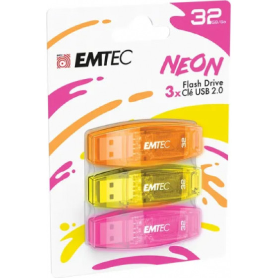 Emtec USB-A 2.0 Flashdrive C410 Neon, 32Gb, 3-Pack - (ECMMD32GC410P3N)