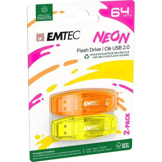 Emtec USB-A 2.0 Flashdrive C410 Neon, 64Gb, 2-Pack - (ECMMD64GC41)