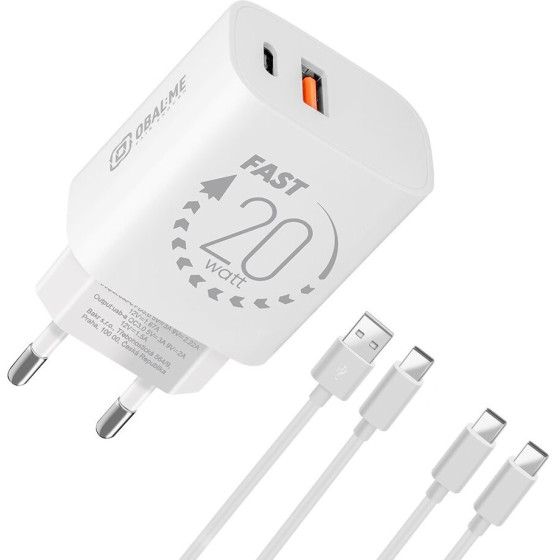OBAL:Me Wall Charger USB-A + USB-C 20W + 2x Cable 1m White - (OM20WCASET)