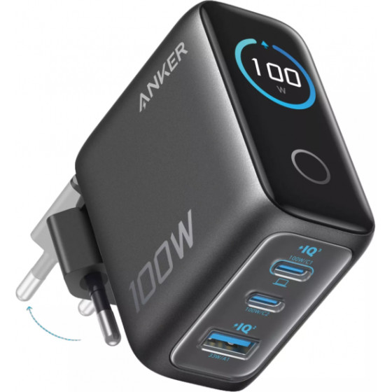 Anker Wall Charger Smart Display, 100W, 5A, 1 x USB-A - 2 x USB-C, With USB-C Cable, Grey - (B121BGZ1)