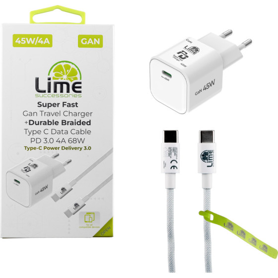 Lime Successories Lime Type C Gan Pd 3.0 Super Fast Travel Qc 3.0 LGC45W 45W 5V 4.0A /9V 4A + ��������-Data LBCC01 Type C To Type C 68W WHITE