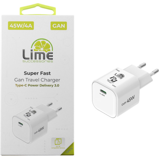 Lime Successories Lime Type C Gan Pd 3.0 Super Fast Travel Qc 3.0 LGC45W 45W 5V 4.0A /9V 4A/ 12V 3.75A/ 15V 3A/ 20V 2.25A WHITE