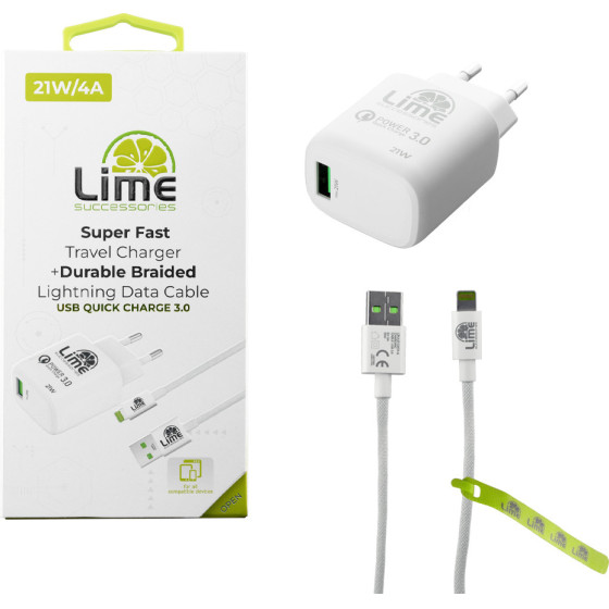 Lime Successories Lime Usb 3.0 Pd Super Fast Travel Qc 3.0 LTU22 21W 4000mA + Braided ������� ��������-Data 1m LBUL01 Lightning WHITE