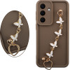 Volte-Tel ���� Samsung S26 5G S931 6.3'' Silicon Tpu With Strap Full Camera Protection Brown With White BUTTERFLIES