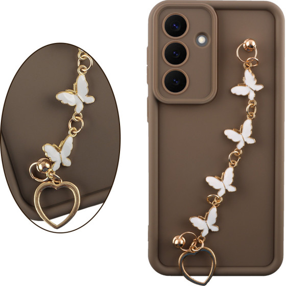 Volte-Tel ���� Samsung S26 5G S931 6.3'' Silicon Tpu With Strap Full Camera Protection Brown With White BUTTERFLIES