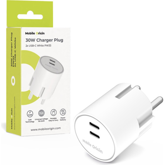 Mobile Origin 30W Charger Plug PW33 - 2x USB-C, white - (MO-PW33-WHT)