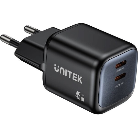 UNITEK 2x Gan 45W Mains charger, 2x USB-C PD, Qc - (P1129ABK01-EU)