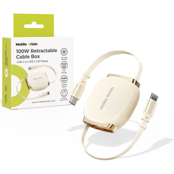 Mobile Origin 100W Retractable Cable Box USB-C To USB-C CB7 Beige - (MO-CB7-BG)