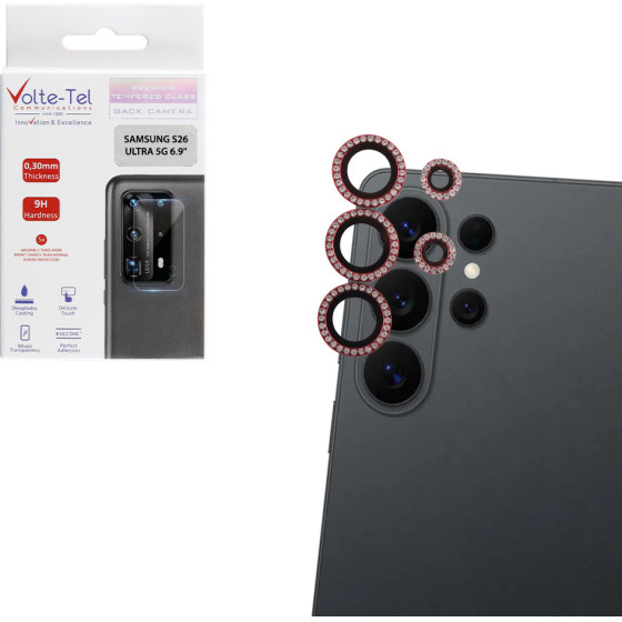 Volte-Tel Camera Glass Cover Samsung S26 Ultra 5G 6.9'' 9H 0.33MM Easy Application With Strass RED - (5205308415890)
