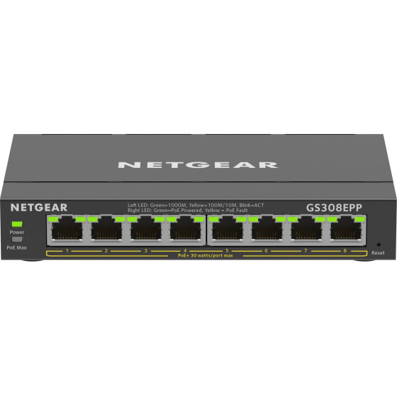 NETGEAR 8-Port Gigabit Ethernet High-Power PoE+ Plus Switch (GS308EPP) Managed L2/L3 Gigabit Ethernet (10/100/1000) Power Over Ethernet (PoE) Black - (GS308EPP-100PES)