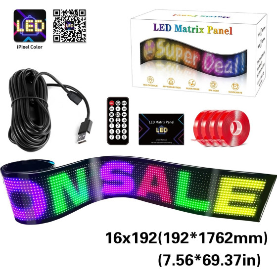 GloboStar Matrix �������� ��������� ������� �������� 176.2x19.2cm P9 192x16 Pixel Led 10W Dc 5V 2A �� Usb 2.0 ��������� IP65 ��������� Rgb - Bluetooth Control ���� Ipixel App - �176.2 x �0.4 x �19.2cm - 2 ������ ������� - (GLB-106-0005)