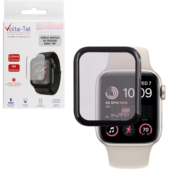 Volte-Tel Tempered Plexi Glass Apple Watch Se 2022/Se 2025 44mm 1.78'' 3D Edge 0.30mm Full Glue Full Cover BLACK
