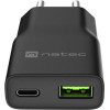 Natec Ribera Gan Slim Mains Charger 1x USB-A + 1x USB-C 20W Black - (NUC-2377)