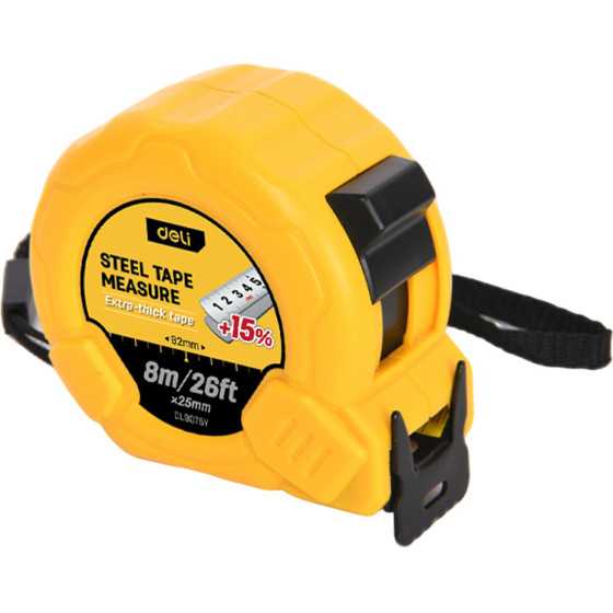 DELI Steel Measuring Tape 8M/26'x25MM Yellow - (EDL9075Y)