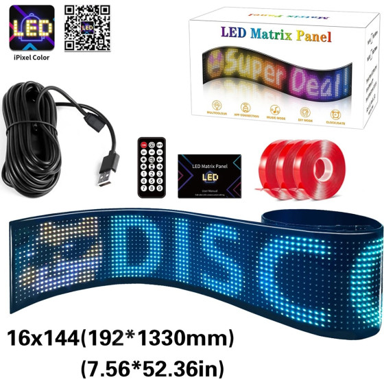GloboStar Matrix �������� ��������� ������� �������� 133x19.2cm P9 144x16 Pixel Led 10W Dc 5V 2A �� Usb 2.0 ��������� IP65 ��������� Rgb - Bluetooth Control ���� Ipixel App - �133 x �0.4 x �19.2cm - 2 ������ ������� - (GLB-106-0004)