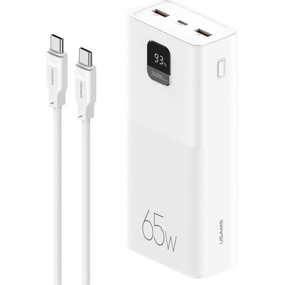 Usams Powerbank PB68 30000mAh 65WQC3.0+Pd Fast Charge + USB-C/USB-C Cable 100W White Atxlogtct - (ATXLOGTCTG02)