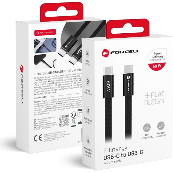 FORCELL Cable Usb C To Usb C F-Energy QC4.0 Pd 3A 60W Cafule Flat 1,2 m CCFN23 black